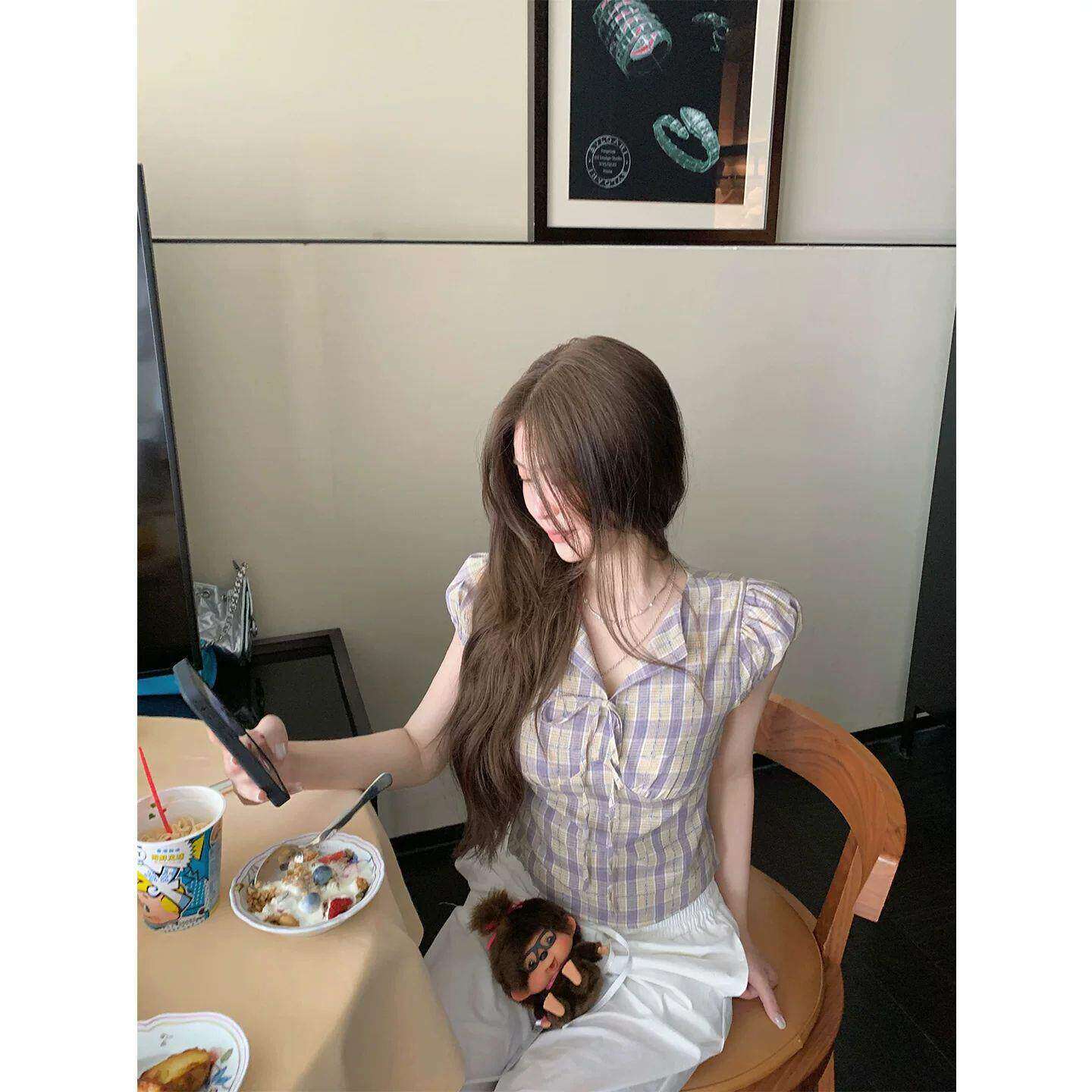 韩系显瘦收腰紫色格子v领衬衫2衬衫