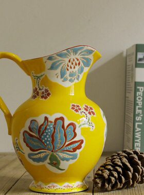 欧式田园手工彩绘黄色花壶出口陶瓷花瓶客厅餐厅餐桌装饰品摆件