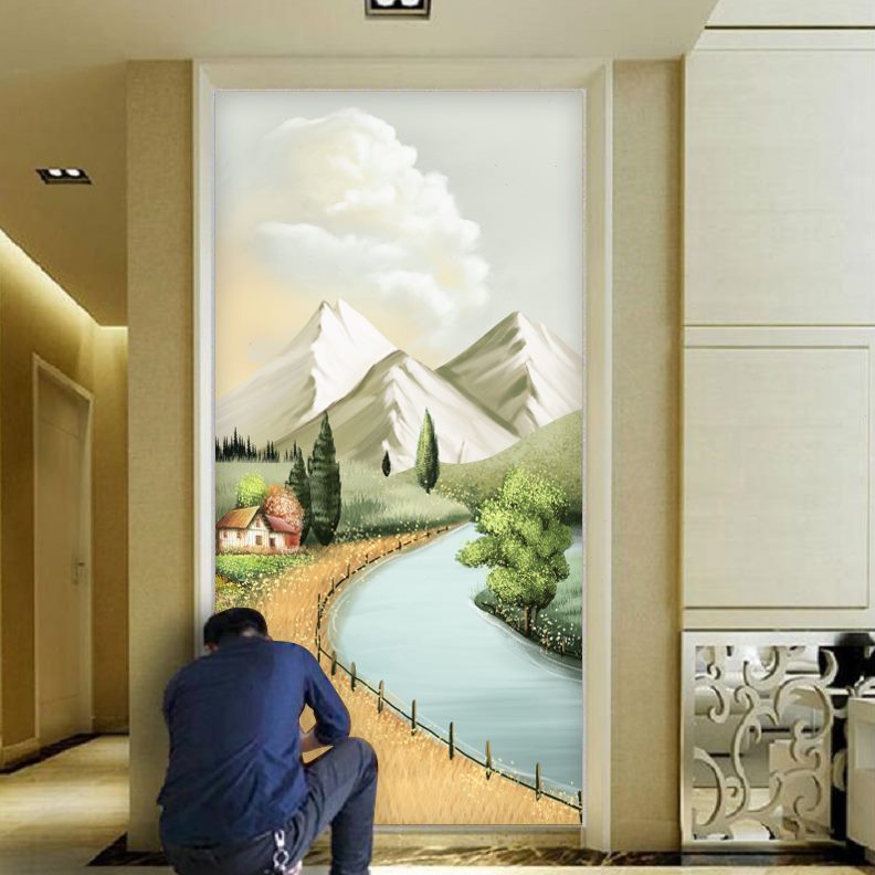 背景墙客厅装饰画风景进门新款布人2023玄关壁纸北欧楼梯 景色宜图片