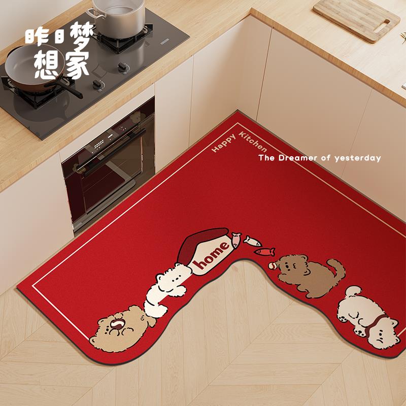 卡通红色猫猫家用厨房地垫进门垫门口耐脏免洗垫可擦L型皮革脚垫