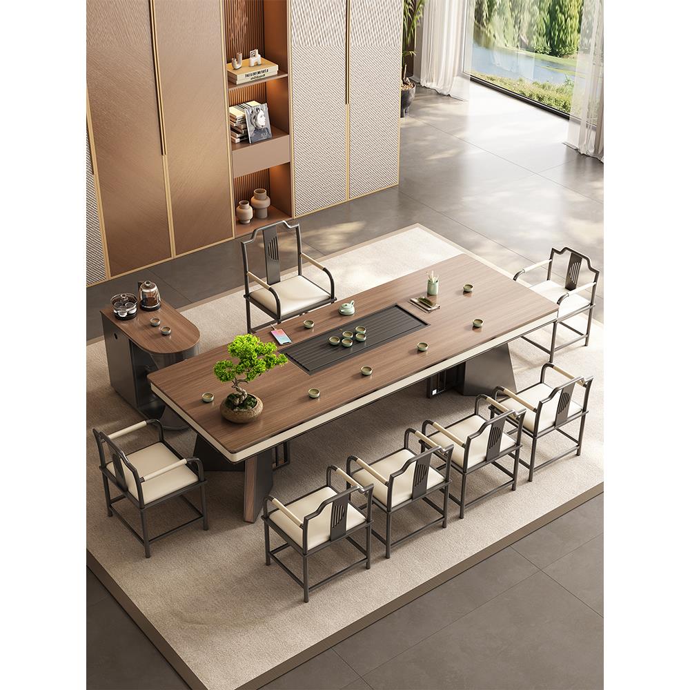 2025年新款木纹岩板大板茶桌椅组合一桌五椅新中式茶台办公室一体