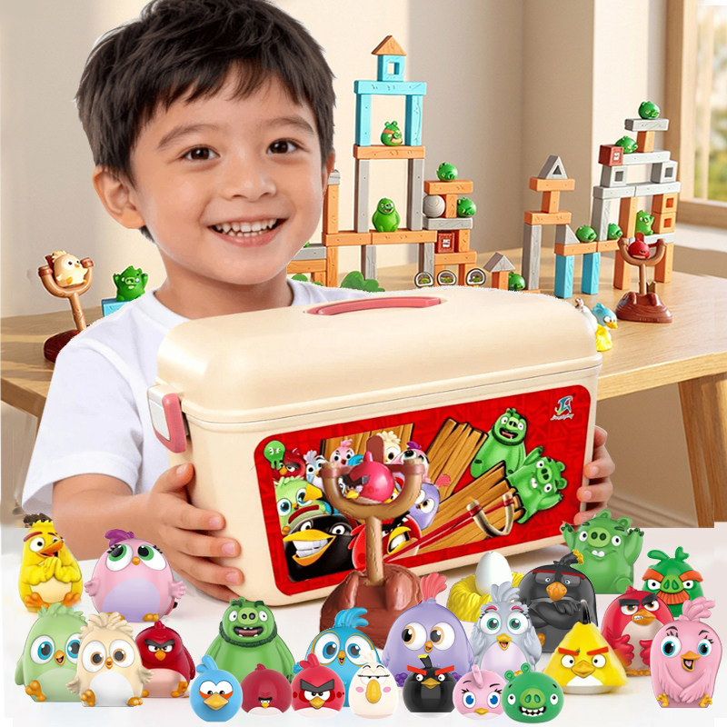 荣达丰愤怒小鸟的玩具收纳桶积木拼装弹弓弹射枪打靶正版摆件公仔