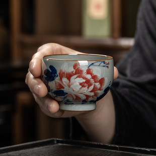 纯手工陶瓷茶具小茶杯 老陶泥手绘牡丹主人杯 内外画龙蛋杯品茗杯