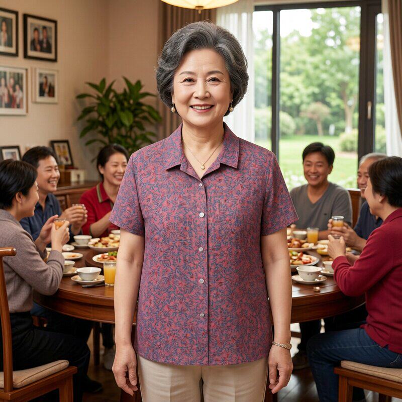 春季妈妈装碎花翻领单排扣衬衫