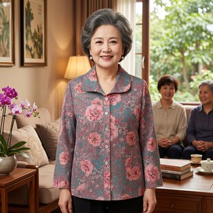 2026中老年女装九分袖衬衫花朵印花妈妈装轻薄衬衫夏装休闲上衣