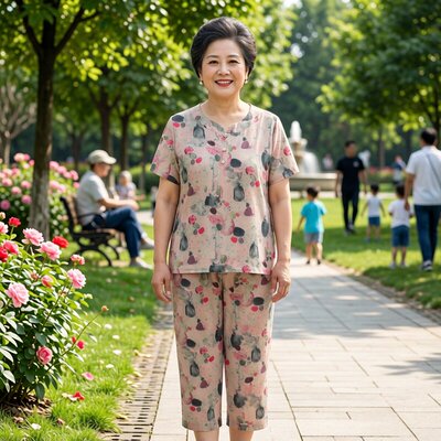 夏季花卉印花透气减龄妈妈套装