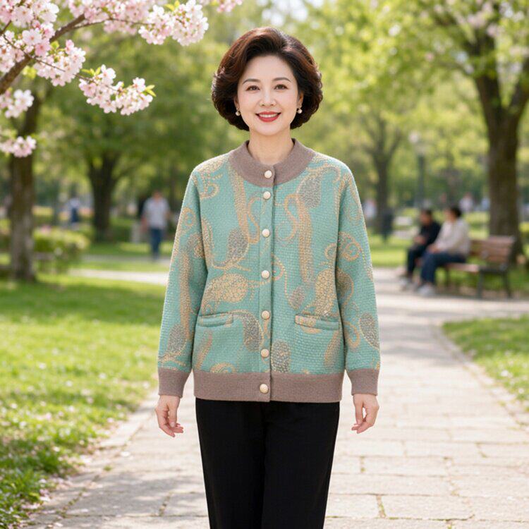 中老年女装秋冬印花圆领上衣宽松针织毛衣开衫加绒加厚保暖外套