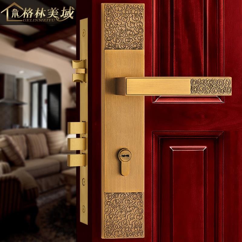 格林美域 新中式祥云黄铜大门锁 房门锁 室内实木门锁别墅门锁