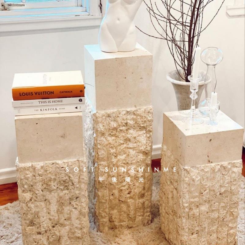 黄洞大理石破碎粗凿装饰摆件雕塑底座台石墩立圆柱咖啡茶边几桌子