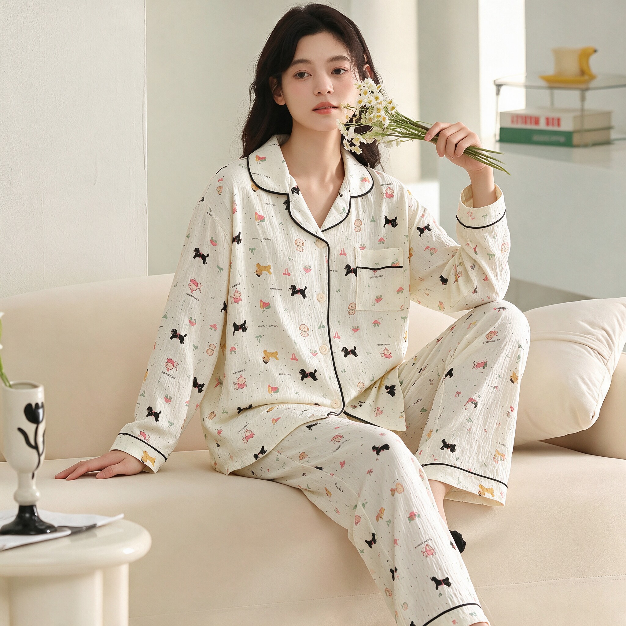 长袖睡衣女士2026年新款宽松甜美开衫套装秋冬可爱家居服可外出LL