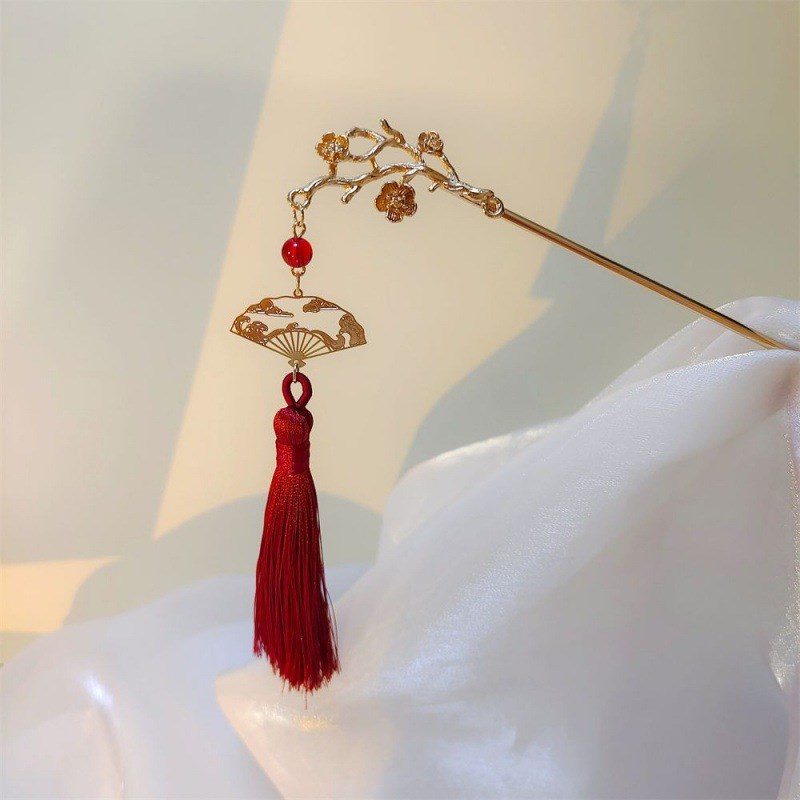 汉服发饰结婚红色流苏发簪古风汉服旗袍配饰敬酒女新娘马面裙头饰