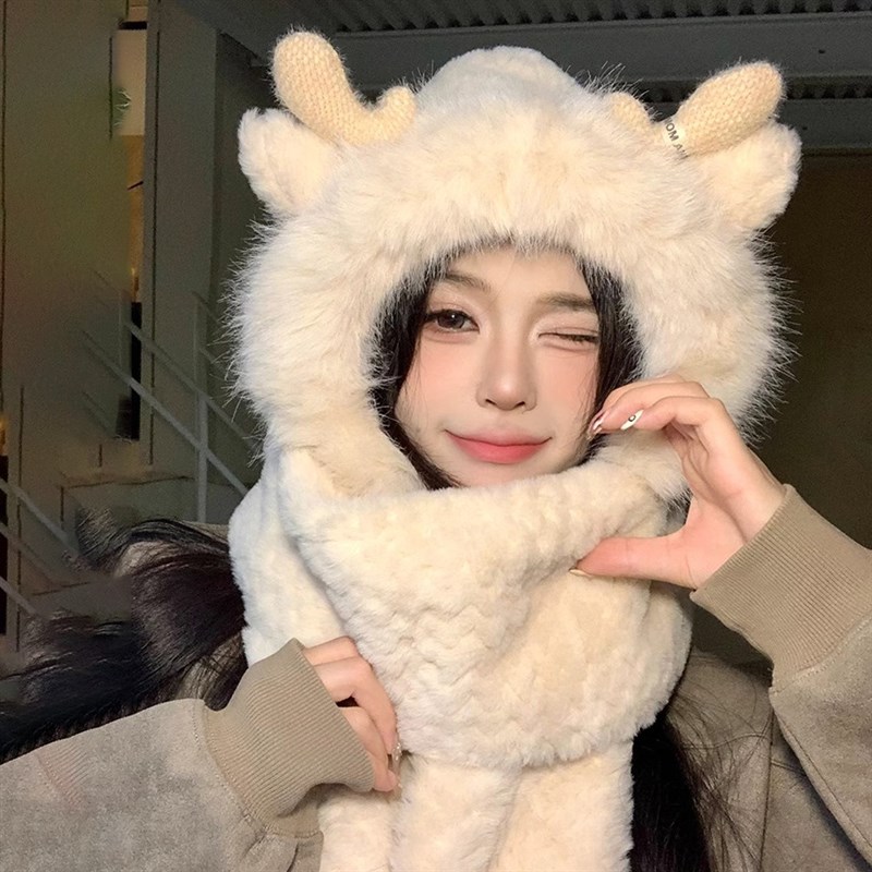 2024新款帽子女冬季三件套冬天可爱毛绒连帽围巾一体保暖手套围脖
