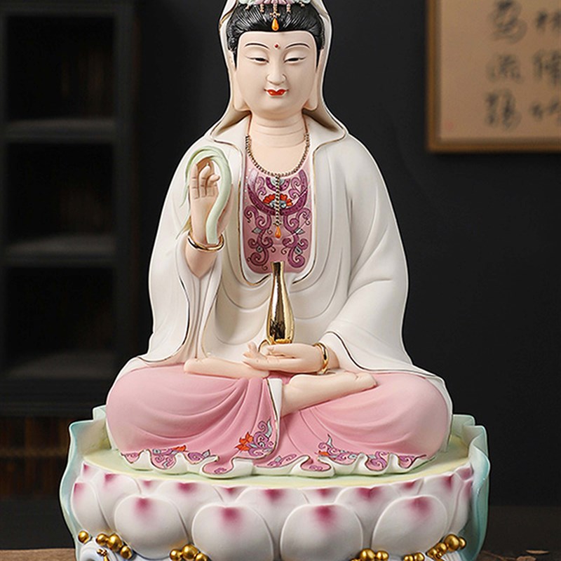 白衣陶瓷坐莲持柳净瓶观音菩萨12至18寸家用供奉佛像笑脸观世音