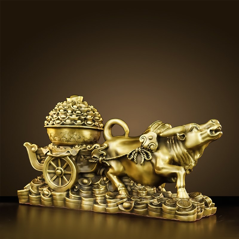 铜牛摆件纯黄铜牛拉车招财家居客厅办公室饰品牛拉元宝开业礼品