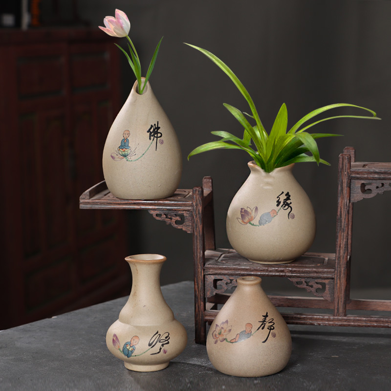 迷你水培花盆粗陶瓷小口径花瓶禅意特小花器摆件茶几鱼缸绿植装饰