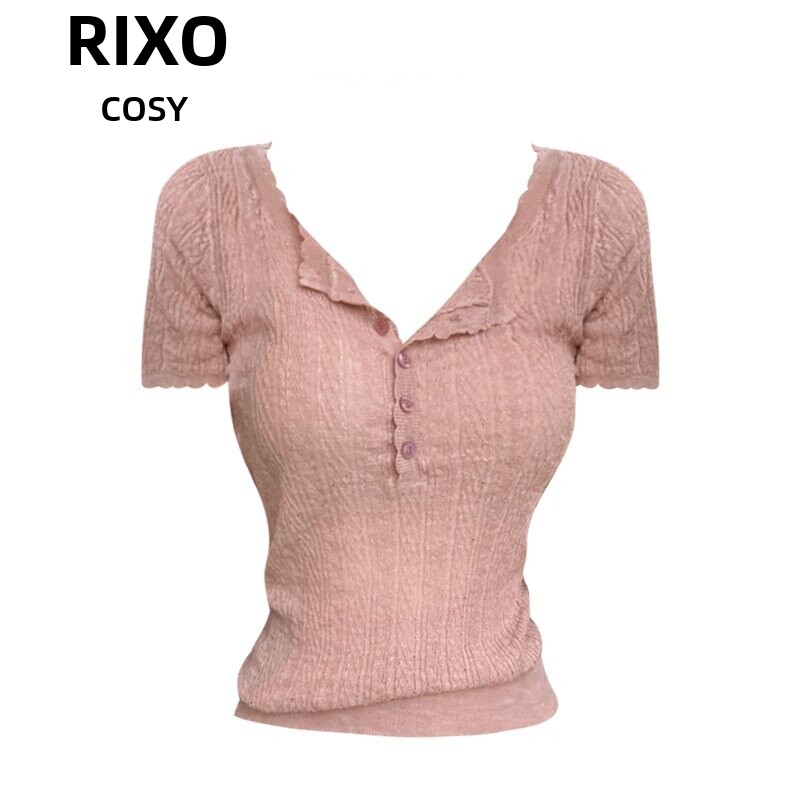 RIXO COSY纯欲性感镂空针织短袖上衣女夏季显瘦半开领正肩内搭T恤