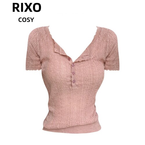 RIXO COSY纯欲性感镂空针织短袖上衣女夏季显瘦半开领正肩内搭T恤