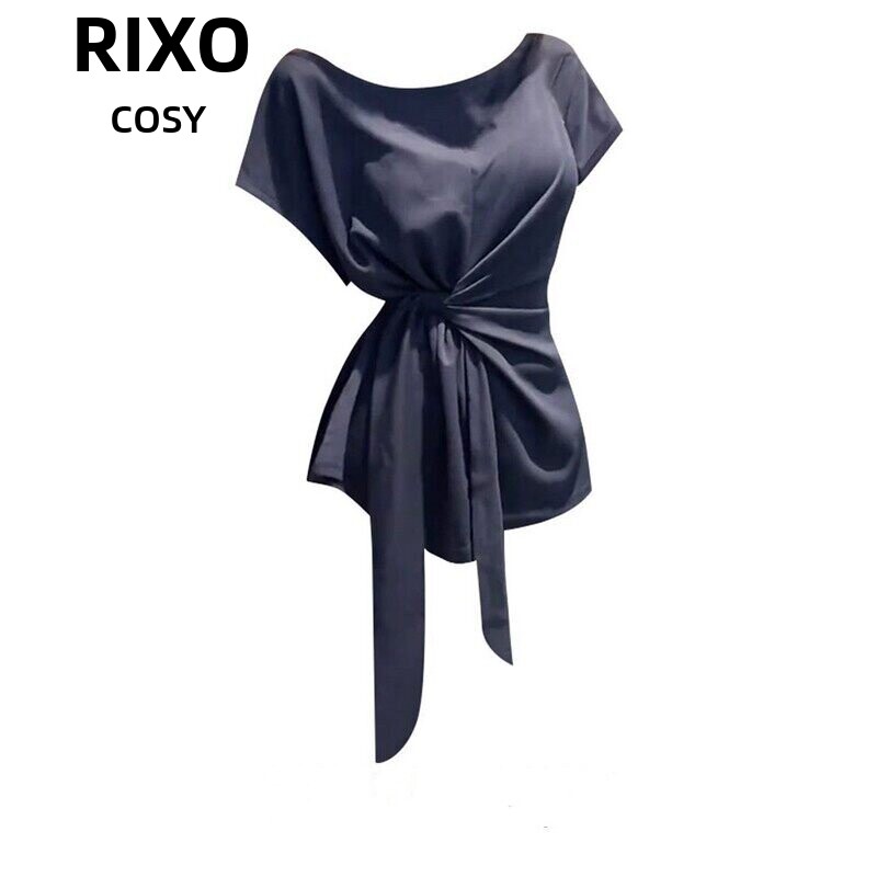 RIXO COSY法式设计感独特漂亮掐腰斜肩短袖T恤女夏季绑带露肩上衣