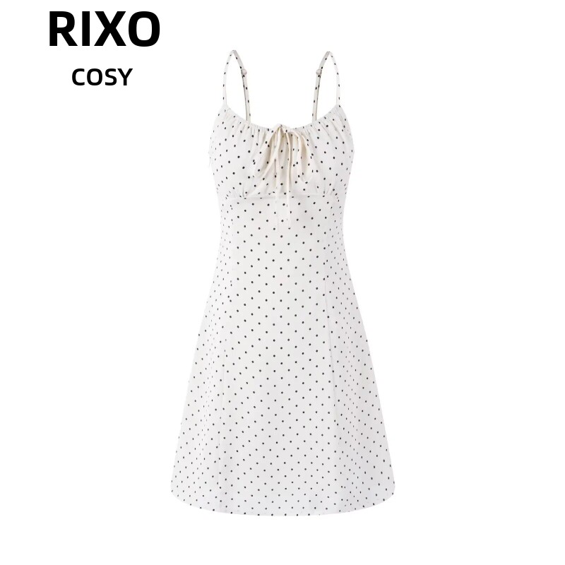 RIXO COSY夏季款女装法式复古波点印花蝴蝶结系带修身吊带洋装