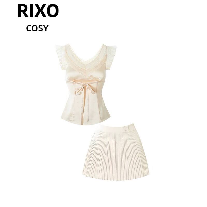 RIXO COSY温柔纯欲蕾丝拼接系带上衣女夏季高腰显瘦百褶半裙套装