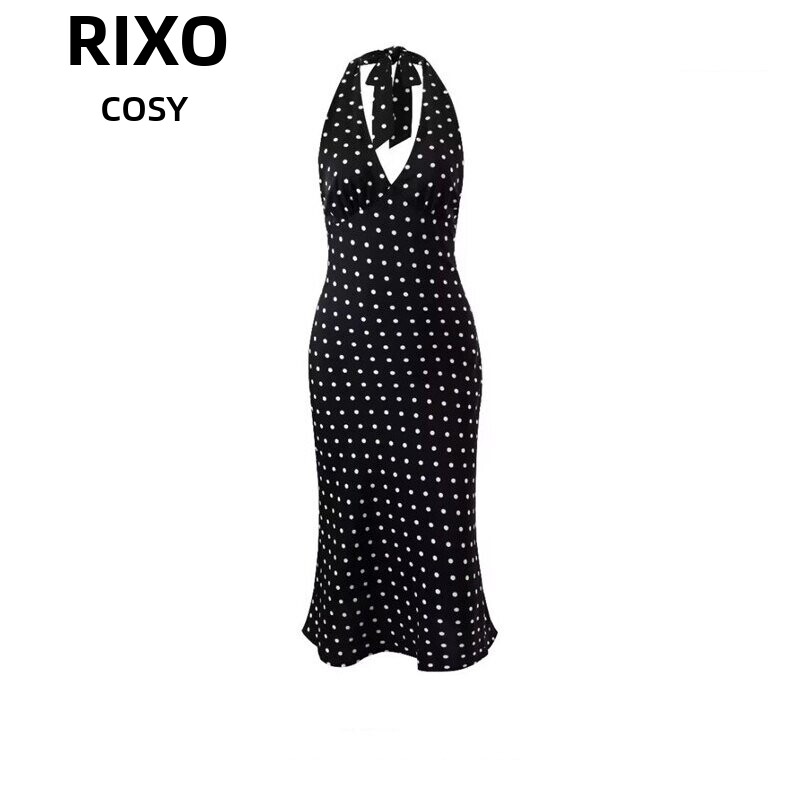 RIXO COSY法式复古深V领挂脖性感大露背收腰波点无袖度假连衣裙女