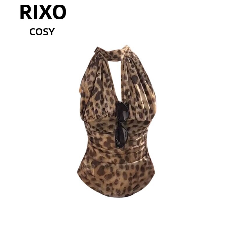 RIXO COSY美式辣妹挂颈V领豹纹背心女夏季设计感收腰褶皱显瘦上衣