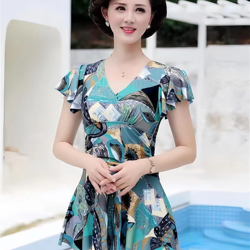 中老年泳衣女妈妈款大码裙式分体保守遮H肚显瘦游泳衣泡温泉游泳