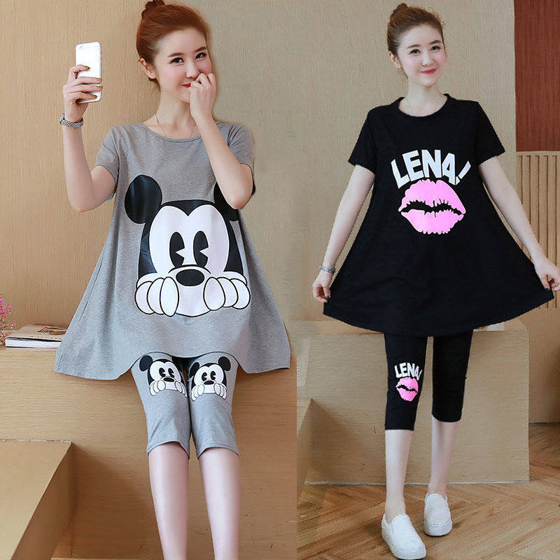 孕妇夏装套装时尚款网红两件套大码胖mHm200斤外出夏天薄款孕妇装