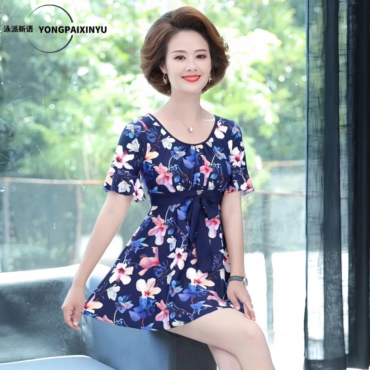 妈妈泳衣女保守中老年显瘦遮w肚大码分体中年妈妈款游泳衣温泉泳