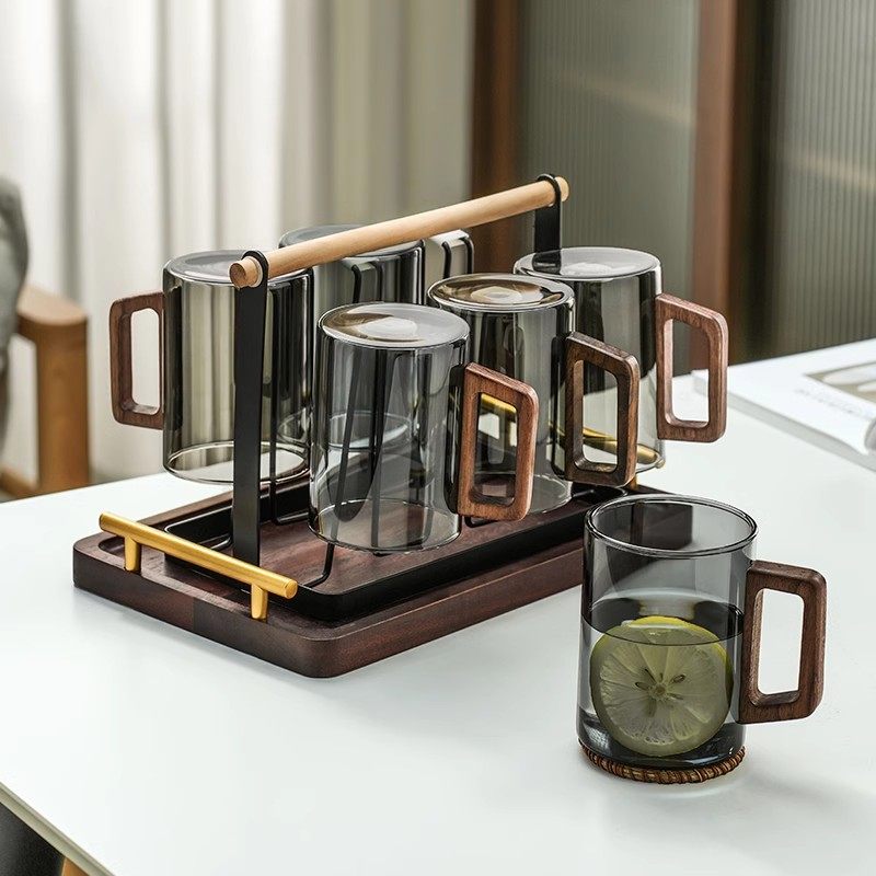 中式木把玻璃杯茶杯家用耐高温喝水杯套装高档待T客大容量透明杯