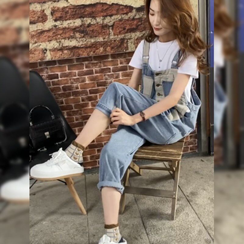 背带裤女2024新款夏季薄款宽松C大码显瘦梨形身材撞色炸街连体裤