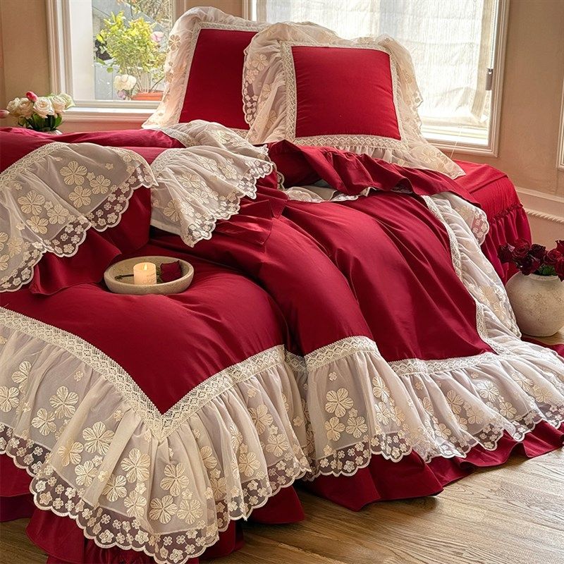 浪漫法式婚庆四件套蕾丝r大花边红色结婚被套床裙边1.8米床上用品,床上用品,婚庆床品套件,淘宝优惠券,粉丝福利购,淘宝优惠卷