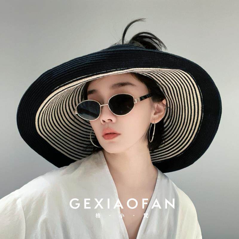 格小梵自由时刻 春夏大帽檐草帽女时尚空顶百搭条纹Z可折叠遮阳