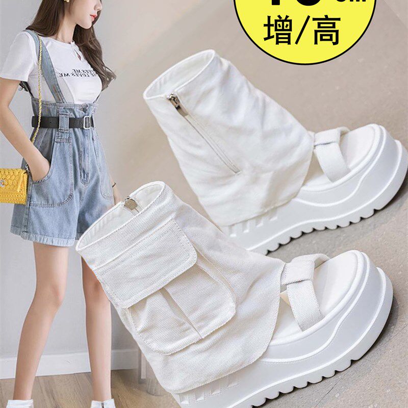 小众设计感工装靴2025春秋夏季帆布靴内增高1N0cm裤管靴超高跟凉