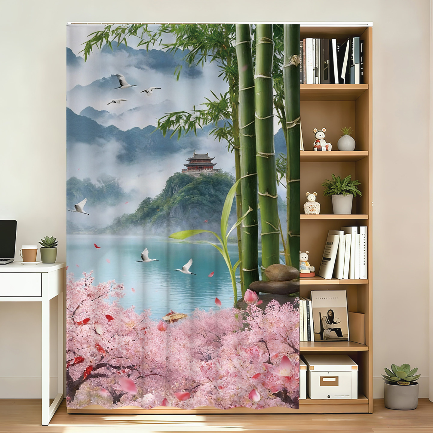 中式风景免打孔柜子遮挡帘滑轨款图片
