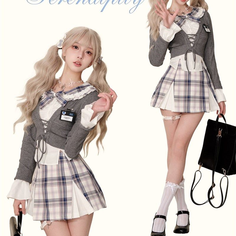 少女椰子 首尔周刊 秋冬三件套装灰色针织开衫+白色衬衫+格子裙