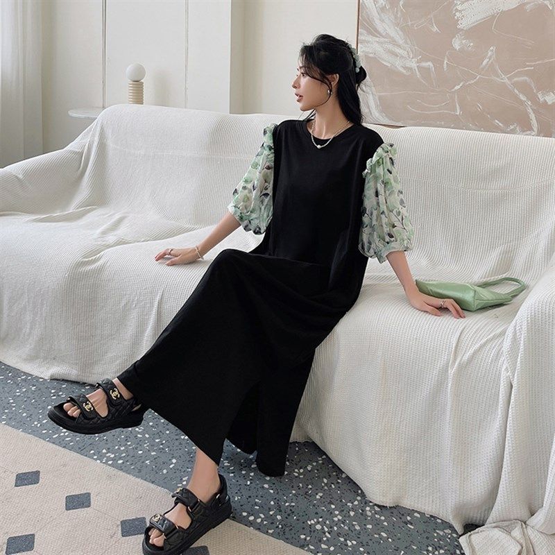 2025夏季新款大码女装胖MM长款法式拼接碎花纱灯笼袖子短袖连衣裙,女装/女士精品,连衣裙,淘宝优惠券,粉丝福利购,淘宝优惠卷