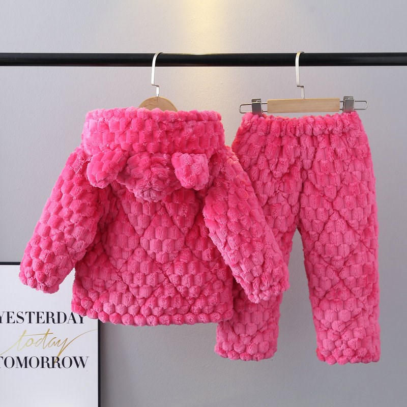 冬季儿童睡衣法兰绒加厚夹棉拉链带帽套装女宝宝卡通中大童家居服