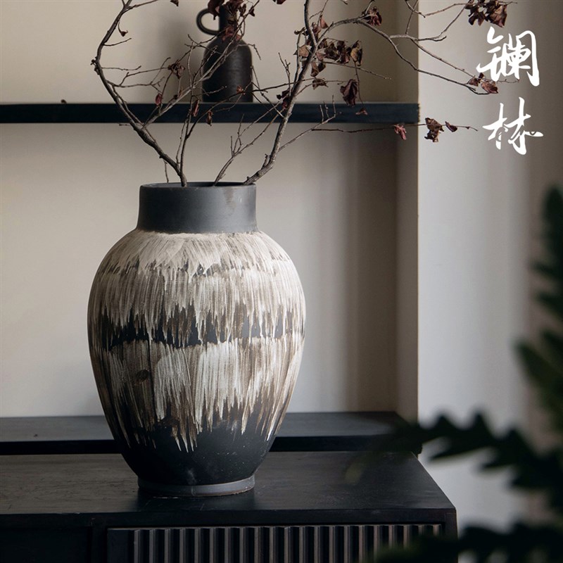 纯手工手绘复古禅意粗陶罐中式大肚侘寂风花瓶高级感民宿插花摆件