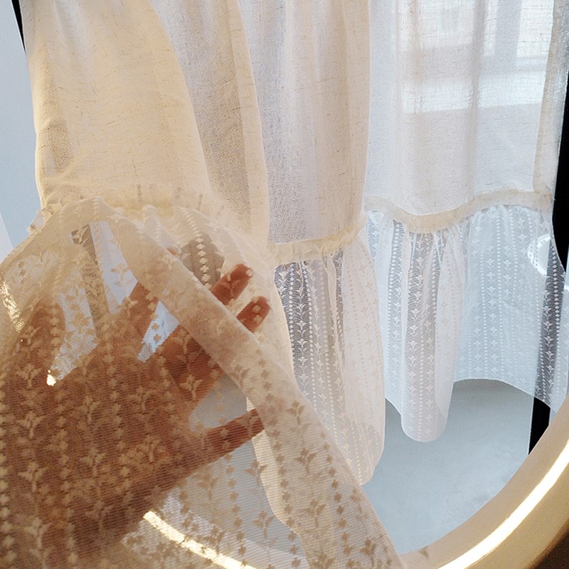 法式田园奶油风褶皱花边纱帘半帘免打孔魔术贴小窗帘阳台门帘短帘