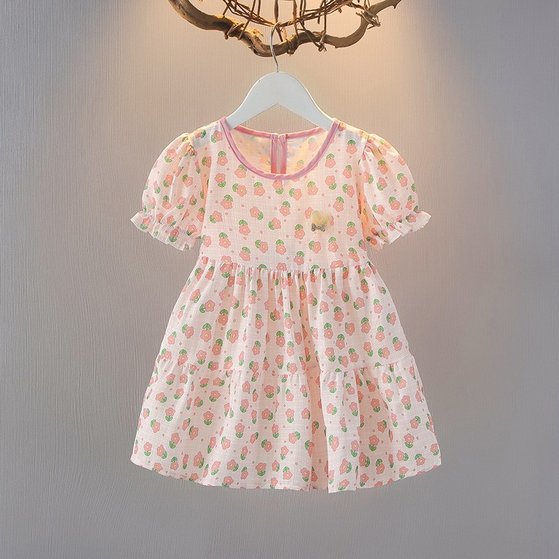 女童雪纺连衣裙2024夏季新款薄款宝宝裙夏装凉快圆领碎花收腰裙子
