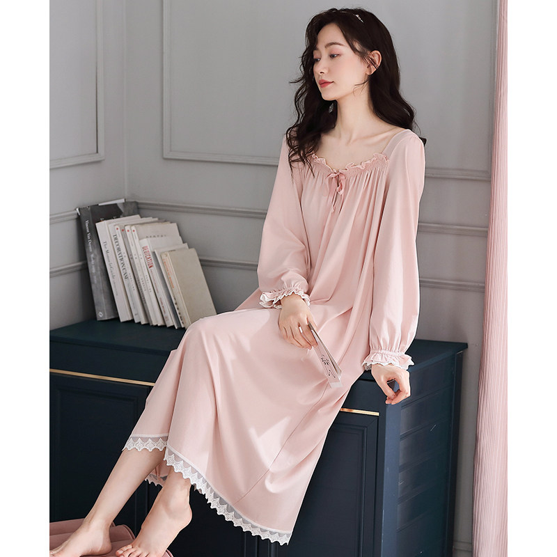 睡裙女春秋款纯棉长袖睡衣裙秋季薄款大码女款夏季孕妇宽松连衣裙