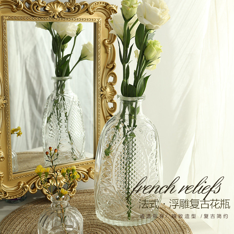 家居装饰欧式复古浮雕花瓶民宿摆件摄影拍照道具透明玻璃桌面插花,家居饰品,花瓶,淘宝优惠券,粉丝福利购,淘宝优惠卷