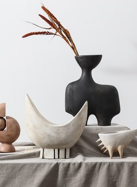 黑白简约创意侘寂风手工陶瓷装饰摆件客厅桌面样板间售楼部软装