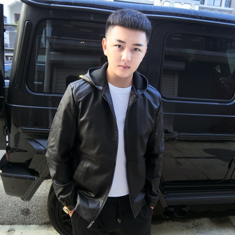 皇家男爵v秋冬季加绒PU亮面皮衣外套连帽2023修身男士机车皮夹克