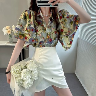 花衬衣大码设计感气质荷叶边上衣轻熟法式小众复古碎花短袖衬衫仙