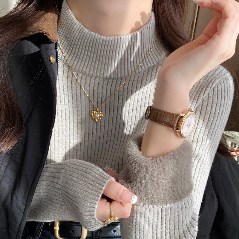 加绒加厚半高领打底衫女2024秋冬季新款修身毛衣内搭针织上衣外穿