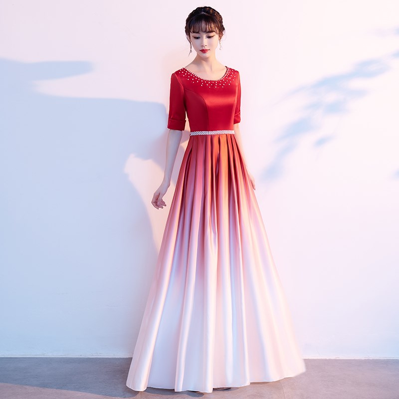 大合唱团演出服女长裙红歌比赛服装红色爱国朗诵指挥主持人晚礼服