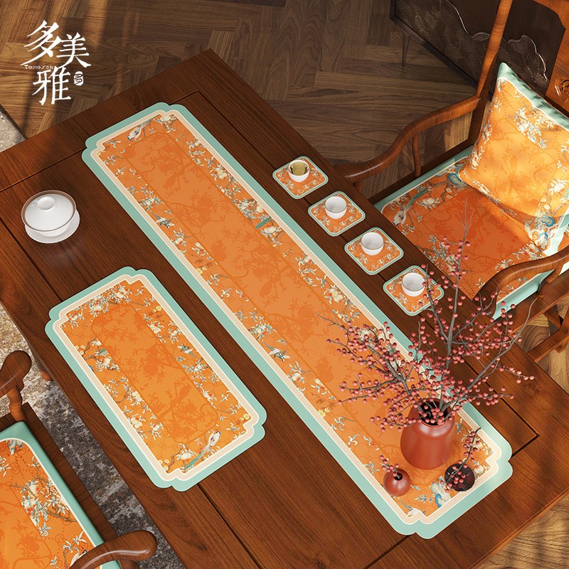 新中式茶席禅意国风桌旗硅藻泥吸水茶台中间长条茶旗电视柜垫桃锦