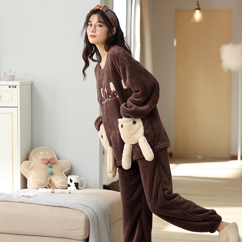 法兰绒睡衣女秋冬季大红色加绒加厚保暖冬天珊瑚绒外穿家居服套装